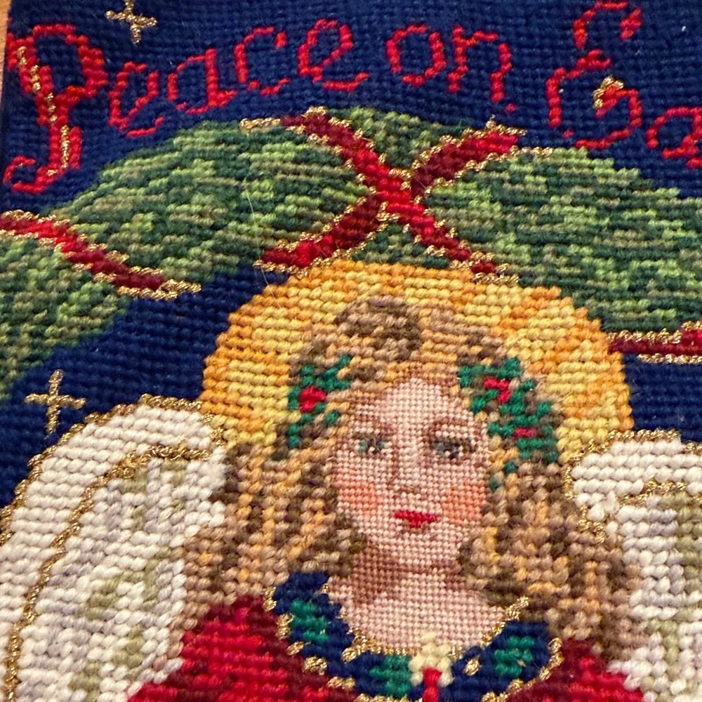 Vintage Needlepoint Peace on Earth Angel 100% Wool & Velvet Christmas Stocking